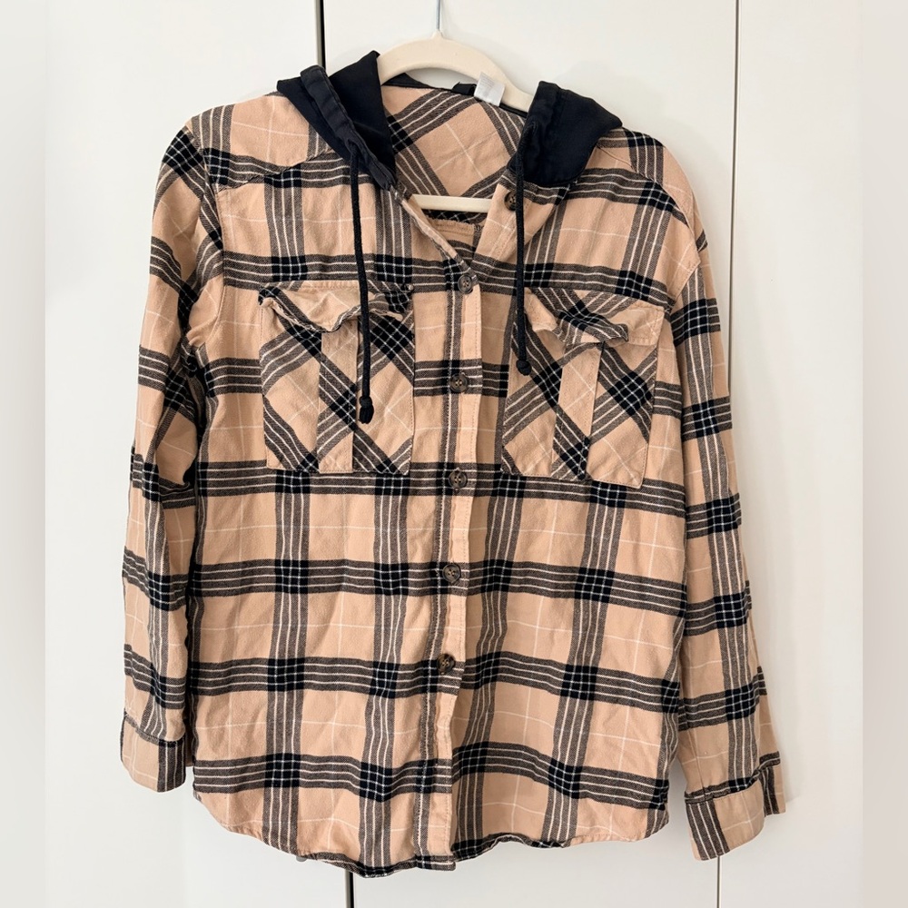 H&M Tan and Black Plaid Hooded Flannel Shirt
